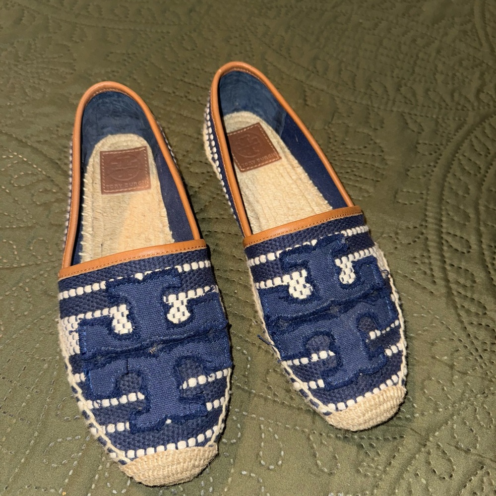 Tory Burch Navy and Tan Espadrille Loafers